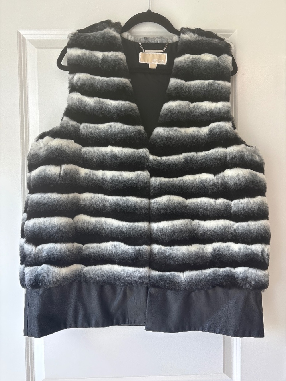 Michael Kors Faux Fur Faux Leather Vest Black White Gray